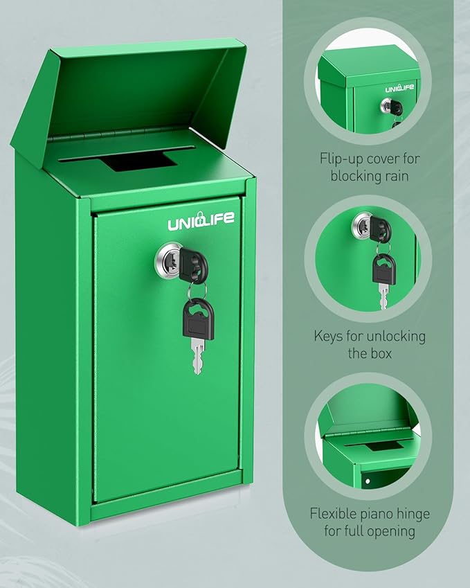 Uniclife Green Key Drop Box for Outside, Metal Safe Suggestion Box with Key Lock, Collection Boxes Donation Chest, Wall Mounted Mailbox with Top Slot, Steel Cash Drop Chest for Home Office Business
