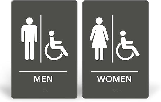 Promot Men and Women Handicap Restroom Sign – ADA Braille Bathroom Sign for Business, Self-Adhesive, 9" x 6", Commercial Door Signage, Office Wall Decor - Grey