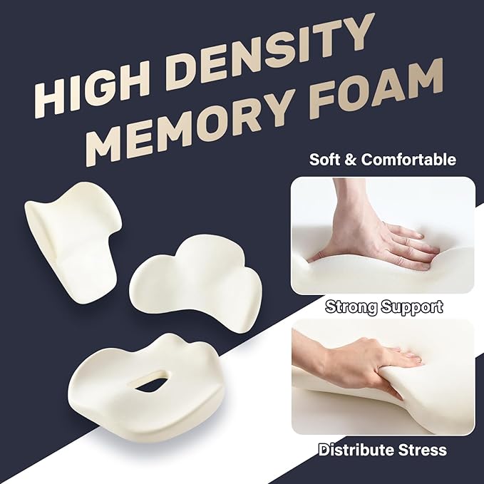 Coverado Seat Cushion and Lumbar Support Headrest Pillow for Car Office Chair, Ergonomic Memory Foam Chair Cushion Back Neck Support Pillow, Sciatica & Back & Tailbone Pain Relief Cushion-Beige