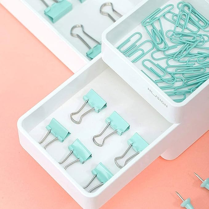 Paper Clips and Binder Clips Set, Metal Assorted Sized Binders with Push Pins, Cute Office Supplies for Desk, Desk Accessories (Green Set of 3)