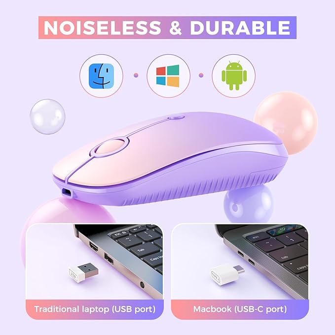 VssoPlor Type C Wireless Mouse, USB C MacBook Wireless Mouse Dual Mode 2.4G Cordless Mice with Nano USB and Type C Receiver Compatible with PC, Laptop, MacBook, ipad-Gradient Purple