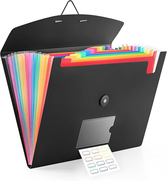 13 Pocket Accordion File Organizer with Elastic Closure, Expanding File Folder for Letter Size A4 Papers, Ideal for Home, Office Supplies, College Essentials - Black