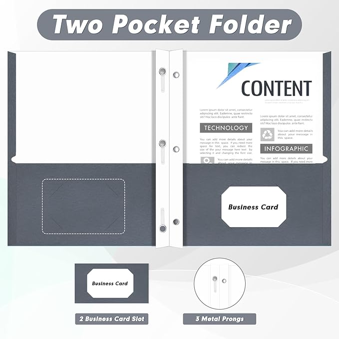Two Pocket Folders, PANDRI 60 Pack Two Pocket Folders with Prongs, 3 Prong Folders Designed for Office and Classroom, Letter Size Grey