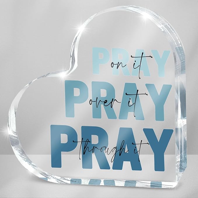 Religious Plaques Christian Woman Decor Gifts, Blue Prayer Room Decor, Pray On It Pray Over It Acrylic Sign Decorative for Home Pastor Farmhouse Living Room Church Table Desk Bookshelf