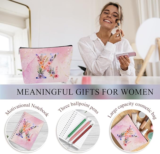 Personalized Gifts Monogrammed Birthday Gifts for Women, Soul Sister Bachelorette Party Wedding Christmas Initial 20 oz Tumbler, Makeup Bag Cup Pens Journal Notebook 6 Set, (Aesthetic Pink Flower K)