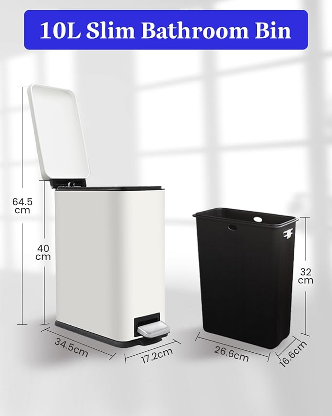 Trash Can with Lid, 10 L Bathroom Waste Bin, Small Pedal Bin, Stainless Steel Garbage Can for Bathroom, Bedroom and Office, White