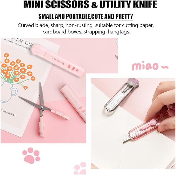 Cute Pink School Supplies, Kawaii Stationary Set, Japanese Stationery Birthday GIFS, Includes Pencil Sharpener,Eraser, Correction Tape, Ruler, Mini Scissors,Utility Knife, for Office Supplies
