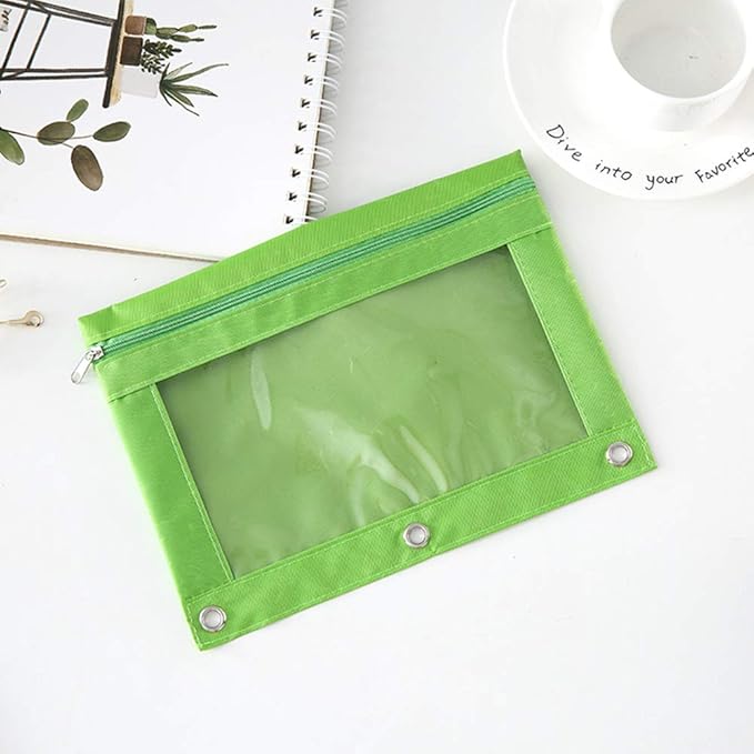 Zippered Pen Pencil Binder Pouch 3 Rings with Clear Window for School Classroom Organizers 8 Pcs (Green)