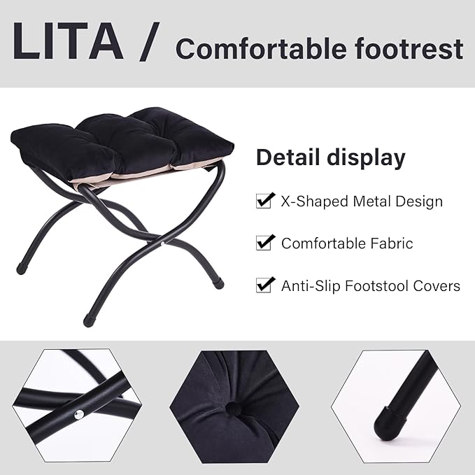 LITA Folding Upholstered Footrest Stool, Modern Small Portable Accent Ottoman with Detachable Thick Cotton Cushion Padded Sofa Stool with Metal Frame for Lazy Chair, Living Room & Bedroom, Black