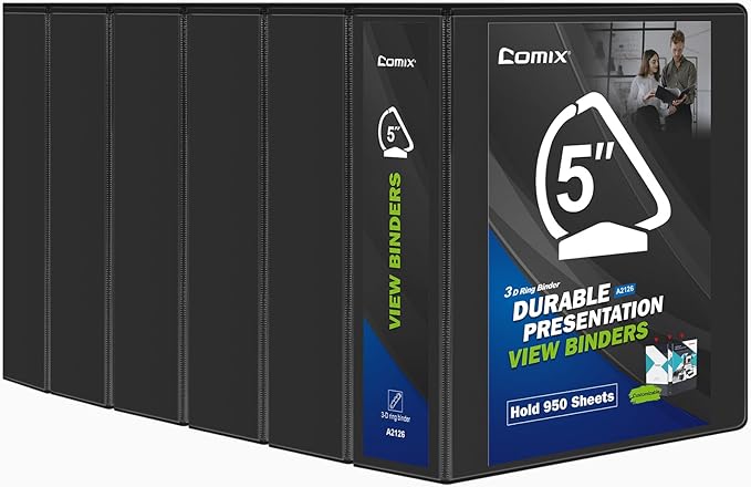 Comix Durable 3 Ring Binder, 5 inch D Ring Binders, Hold 950 Sheets of US Letter Size Paper, 6 Pack (Black)