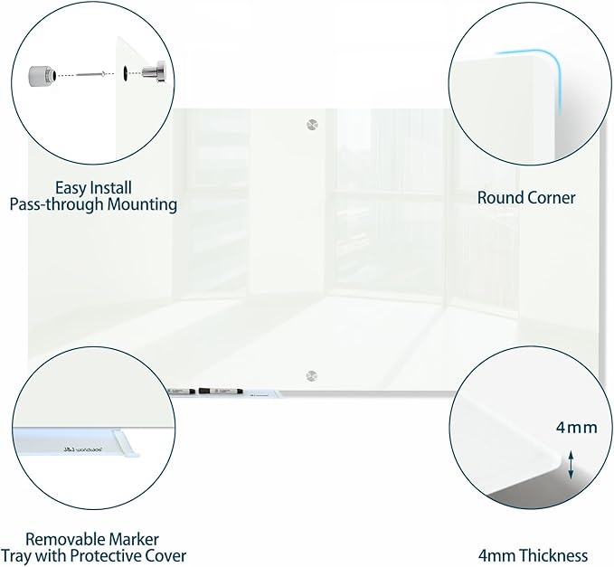 J&J worldwide Glass Dry Erase Board 6' x 4', Glass Whiteboard Magnetic, Large Frameless Glass White Boards for Walls, Includes Magnets, Marker Tray, Eraser for Office, Home, School