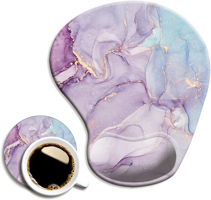DOOKE Ergonomic Mouse Pad with Wrist Support and Coaster,Mouse Pads with Non-Slip PU Base for Home Office Working Studying Easy Typing & Pain Relief Purple Marbling