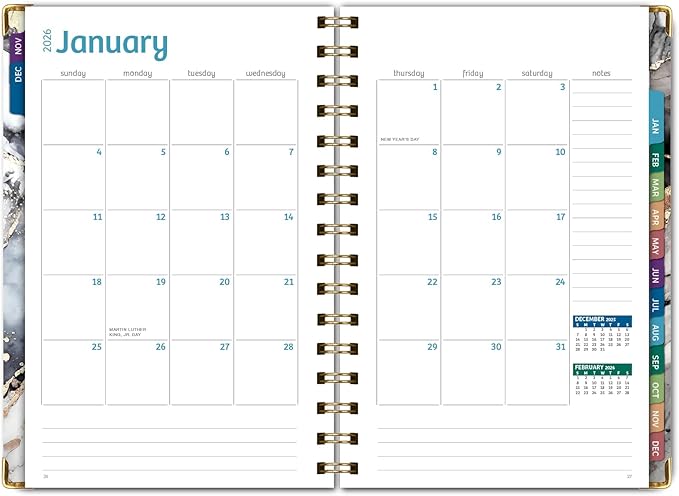 HARDCOVER 2026 Planner, 5.5"x8": 14 Months (November 2025 - December 2026), Daily Weekly Monthly Planner, Yearly Agenda, Bookmark, Pocket Folder and Sticky Note Set (Black Gold Marble)