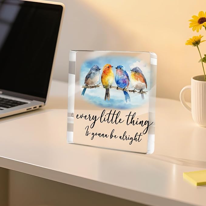Inspirational Gifts for Women Men Friends, Cute Watercolor Bird Decor Acrylic Sign- Every Little Thing Is Gonna Be Alright, Uplifting Gifts, Positive Quotes Desk Decorative Signs for Home