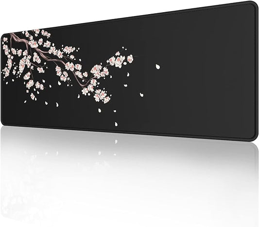 ETZ Japanese Plum Blossoms Black Mouse Pad (31.5 × 11.8 × 0.12 inch) Extended Large Mouse Mat Desk Pad, Stitched Edges Mousepad,Non-Slip Rubber Base,Gaming Mouse Pad XL.