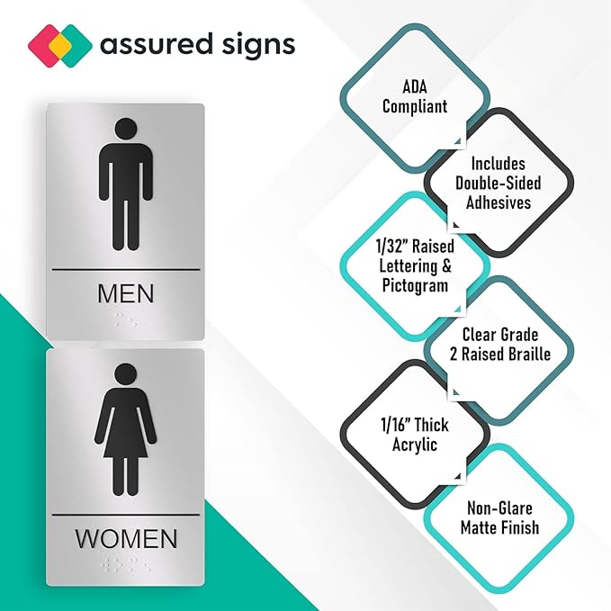 Unisex Bathroom Signs, Restroom Sign For Business - For Men and Women - 9" by 6" - ADA Compliant with Braille - Strong Double-Sided Adhesives Included - Apply to Office, Home, Public Door/Wall