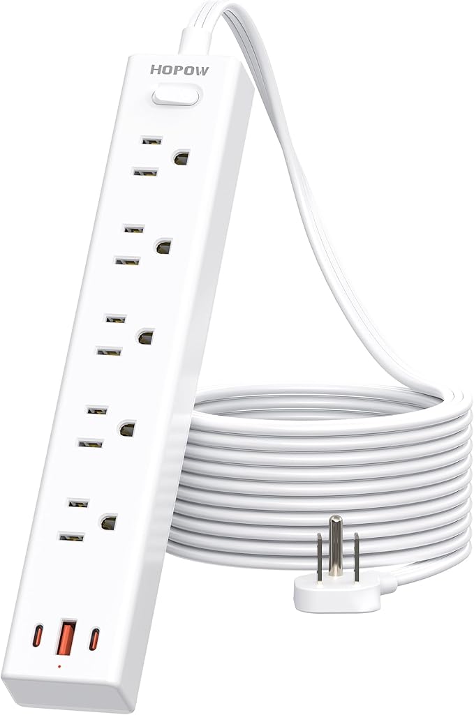 Flat Plug Power Strip, 10 Ft Ultra Thin Flat Extension Cord, Surge Protector with 5 Outlets & 3 USB Ports (2 USB C), 1700 Joules, Wall Mount, Desktop Charging Station for Home Office Dorm, White