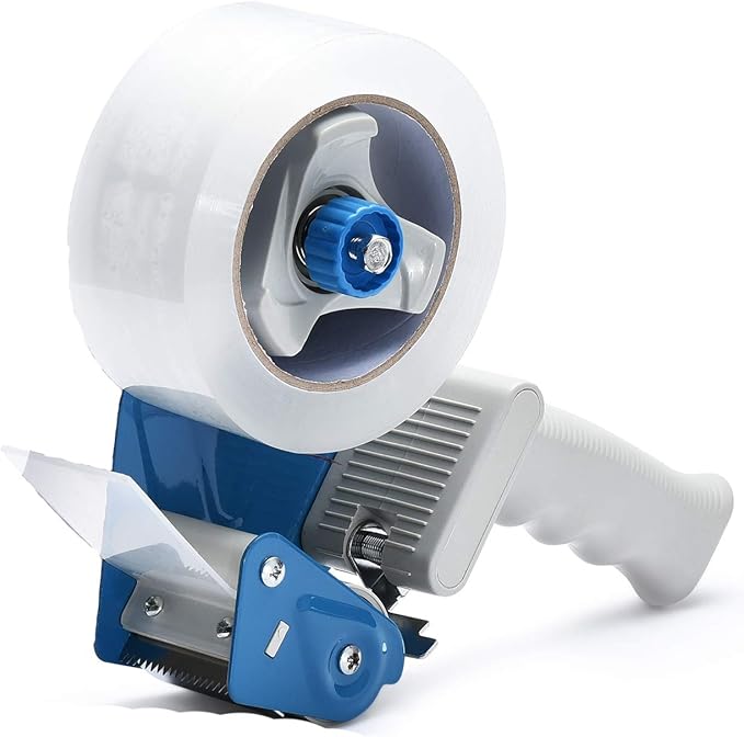Pacific Mailer 2 Inch Tape Gun Dispenser with 2 Inch Carton Packing Tape, Lightweight Industrial Side Loading Tape Dispenser - Blue