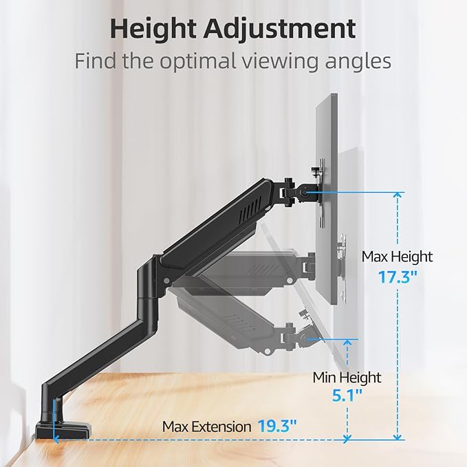 Monitor Arm for 13-32 inch Screens, Monitor Desk Mount, Adjustable Height, VESA Mount with Clamp & Grommet Bases, Freelift Black