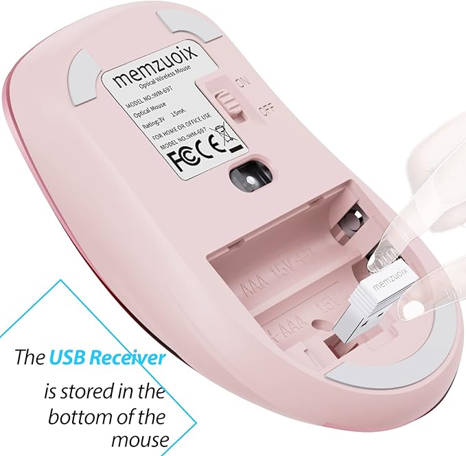 memzuoix 2.4G Wireless Mouse, 1400 DPI Mobile Optical Cordless Mouse with USB Receiver, Portable Computer Mice for Laptop, PC, Desktop, MacBook, 5 Buttons (Pink)
