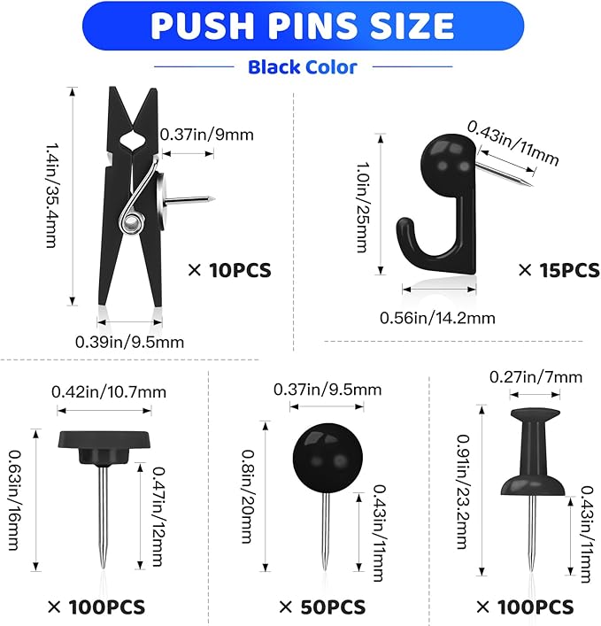 275pcs Black Push Pins,5 Styles TACS, Black Thumb Tacks, Plastic Head Push Pins for Cork Board, Bulletin Boards, Wall, Maps, Cork Board Accessories