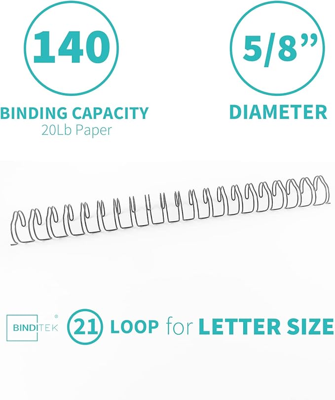 Binditek 50 Pack Double Loop Wire Binding Spines, 5/8 in Binding Wire for Letter Size, 2:1 Pitch, 140 Sheet Capacity, 21-Loop, 5 Assorted Colors (Black, Gold, Silver, White, Rose Gold)
