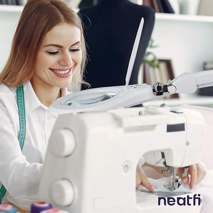 Neatfi Elite XL HD Bifocals Super LED Magnifying Lamp with Clamp, Glass Lens, 6500K, Glare-Free, Nonpolar Dimming (6 Inch Lens, White)