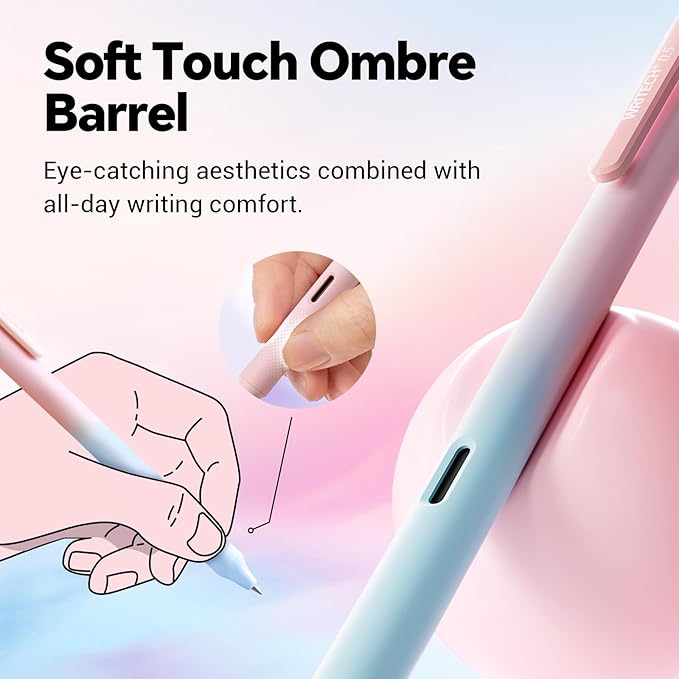 Writech Retractable Gel Ink Pens: 8ct Black Ink 0.5mm Fine Point Tip Pen Comfort Grip Smooth Writing with Aesthetic Gradient Color Barrel for Journaling Note Taking Sketching No Bleed & Smear