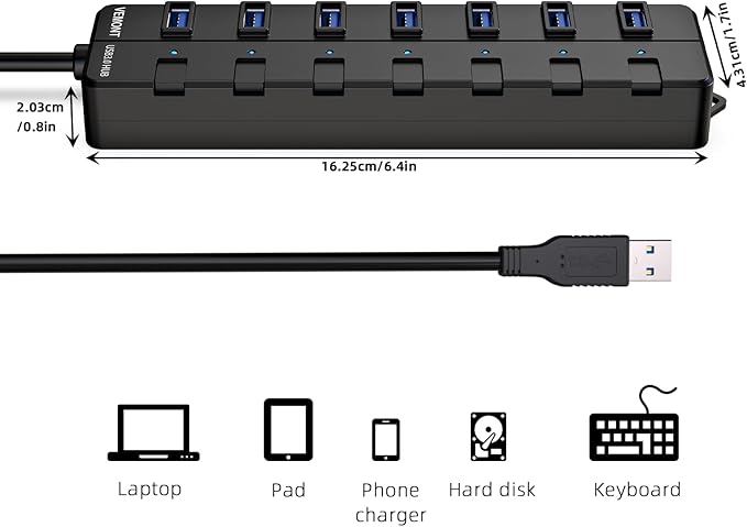 VEMONT 7-Port USB 3.0 Hub (Equipped with a 4-Foot Data Cable, Individual Switch, and Indicator Light, it Supports Data Transfer speeds of up to 5Gbps) Suitable for Desktop Computers and laptops.