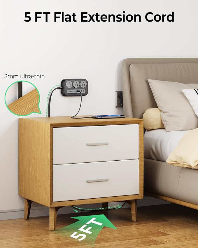 ORICO Surge Protector Power Strip, Multiple Outlets Extension Cord with 6 AC Outlets 2 USB-A and 2 USB-C Ports, 5 ft Flat Plug Power Strip, Mountable Outlet Extender for Dorm/Office/Home- OG