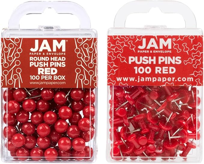 JAM PAPER Colorful Push Pins - Flat & Round Head Thumb Tack Combo Set - Red Pushpins - 200/Pack
