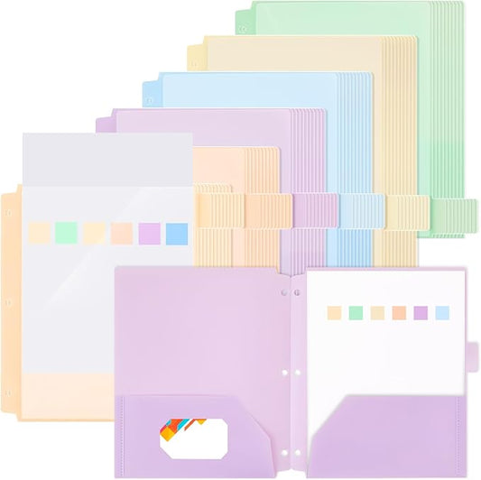 Honoson 60 Pcs Plastic Folders with Clear Front Pocket 3 Hole Punched Folders for 3 Ring Binder 1/6 Cut Tabs for Office Classroom (Macaron Colors)