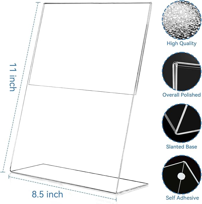 EHWINE 6 Pack 8.5 x 11 Acrylic Sign Holder, Clear Plastic Signs Display Stand, Vertical Slanted Back Paper Holder Stand up Table Top Sign Holders Flyer Stand Frames Suitable for Office Business Store
