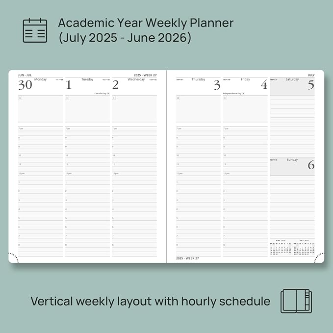 POPRUN Planner 2025-2026, (Large 8.5'' x 10.5'' Hard Cover) Academic Calendar (July 25-June 26) Daily Weekly and Monthly Appointment Book with Hourly Time Slots, Monthly Tabs, 100 GSM - Light Pink