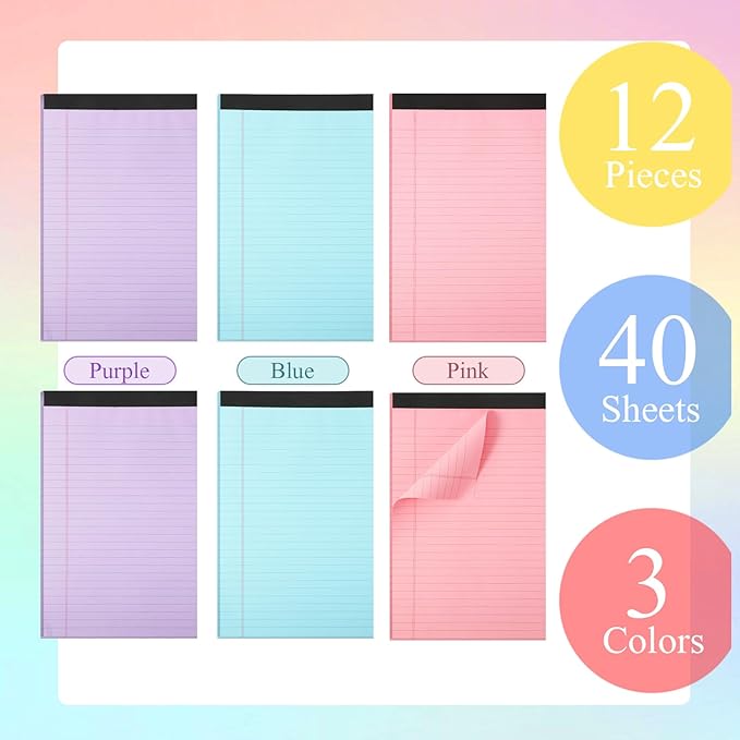 Gueevin 12 Pcs 5'' x 8'' Colored Lined Legal Pads Letter Size 40 Sheets Per Notepads Micro Perforated Notebook and Writing Pad for School, College, Office, Business(Pastel)