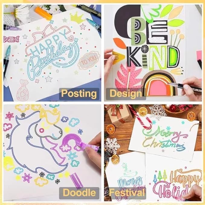 Shimmer Markers Double Line Outline Markers, 24 Color Squiggles Set for Drawing, Art School Supplies, Cards Lettering, Gift for 4-12 Year Old Girl