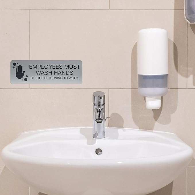 SBLABELS Employees Must Wash Hands Indoor Easy Adhesive Mount Door and Wall Sign for Restaurants and Small Businesses 3" x 9" - Silver