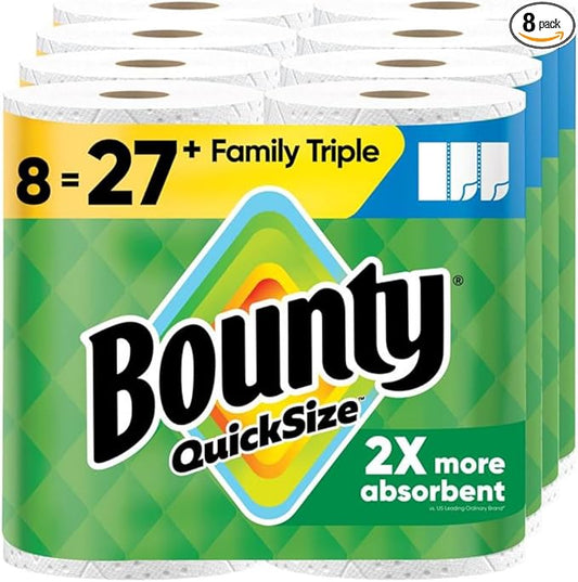 Bounty Quick-Size Paper Towels, White, 8 Family Triple Rolls = 27 Regular Rolls