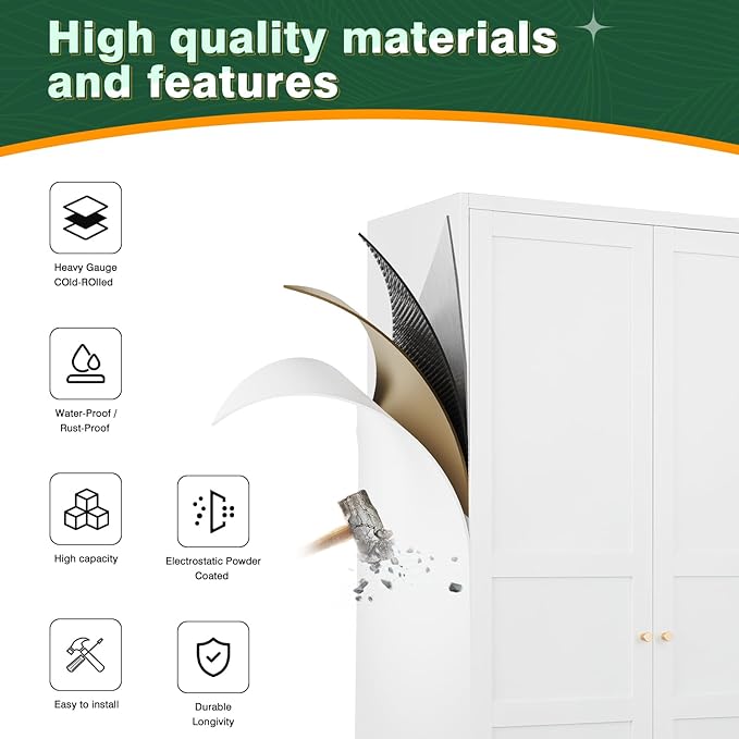 Letaya Wardrobe Armoire Closet,72" H Metal Storage Cabinet with Adjustable Shelves and Hanging Rod,Bedroom Armoire Cabinet Clothes Organizer (White)