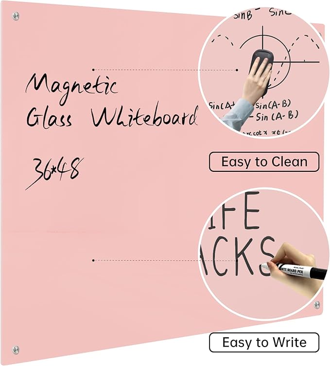 Magnetic Glass Dry Erase Board - White Board 48 x 36 Inch Wall Mounted Glass Whiteboard, Large Frameless Glass White Board for Wall Office, Home & School, Pink