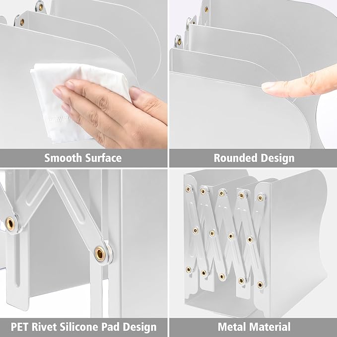 OMEYA 2PCS Adjustable Metal Bookends, Heavy Duty, 2 Dividers, Nonslip, Extends up to 19 inches (White)