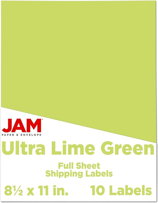 JAM PAPER Full Sheet Shipping Labels - Printable Sticker Paper - 8 1/2 x 11 - Ultra Lime Green - 10 Full Pages/Pack