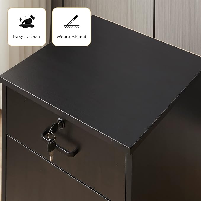 TUKAILAi Mobile File Cabinet with Lockable Drawer & Door, Under Desk Rolling Filing Cabinet with 4 Wheels, Wooden Stationery Storage Cabinet for Home Office (Black)