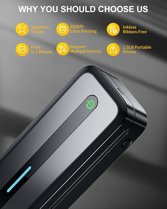 COLORWING Portable Printers Wireless for Travel, 300DPI Mini Compact Inkless Printer, Thermal Bluetooth Printer Compatible with Android and iOS Smartphone & Tablet & Laptop - Black