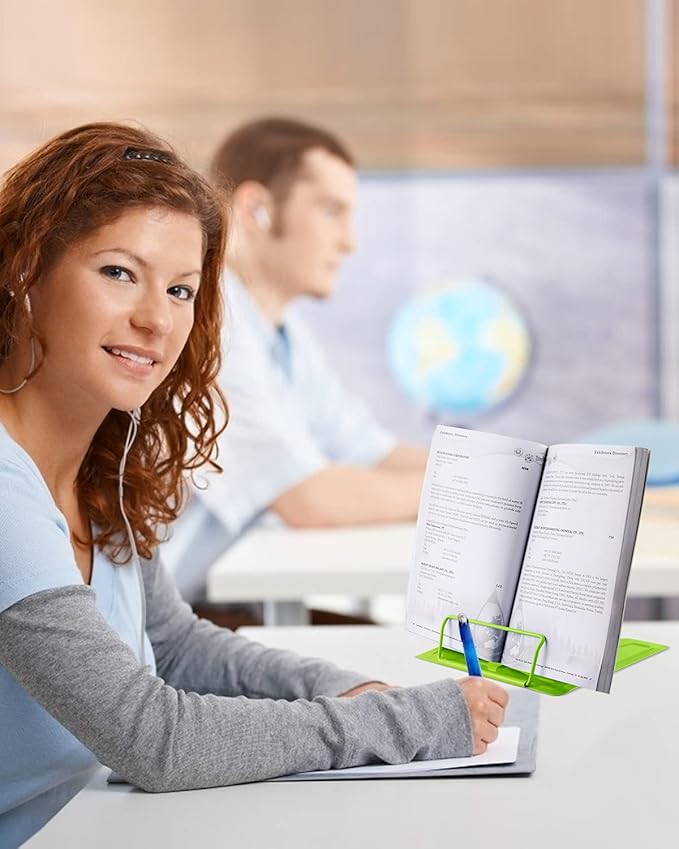 MSDADA Book Stand Metal Reading Rest Book Holder Adjustable Cookbook Documents Holder Portable Sturdy Bookstands for Recipes Textbooks Tablet Music Books with Page Clips (Green)