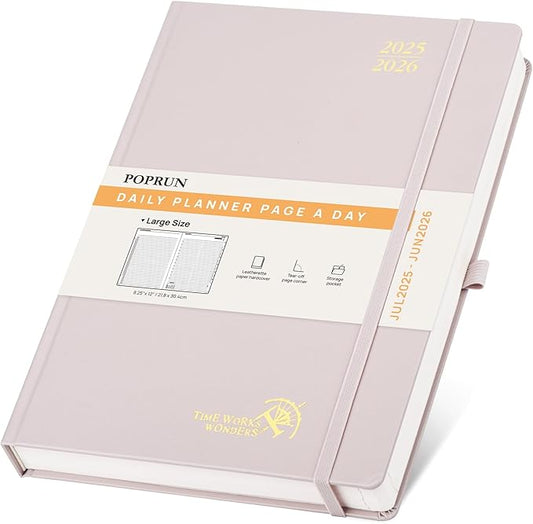 POPRUN 2025-2026 Daily Planner One Page Per Day (Large - 8.25'' x 12'') - Academic Calendar (July 2025 - June 2026), 2025 Day Appointment Book with Monthly Tabs, Hardcover - Light Pink