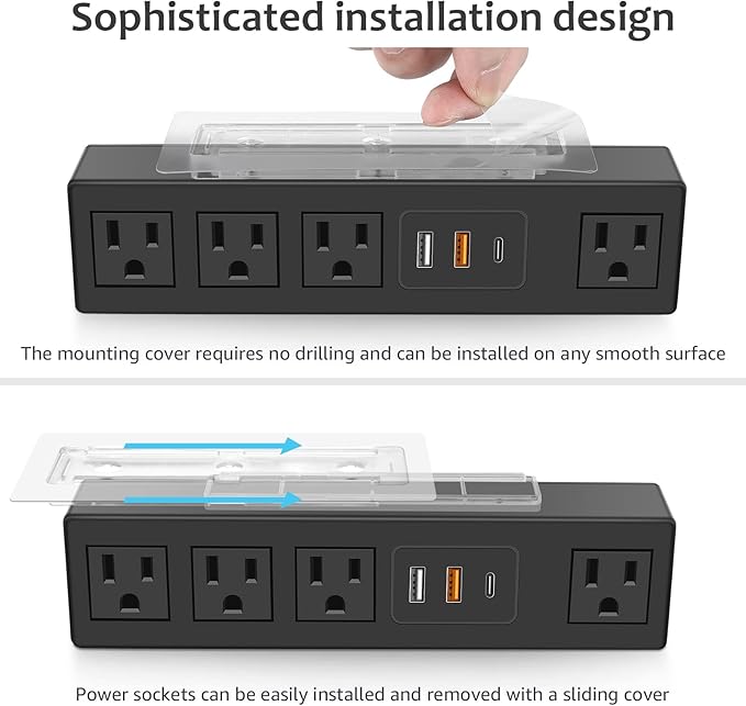 HHSOET 45W Under Desk Power Strip with 3M Adhesive, Removable Under Desktop Mount Plug with Fast Charging USB C and USB A Ports, 4 Outlet Under Table Surge Protector 1200J, 6FT Extension Cord. (Black)