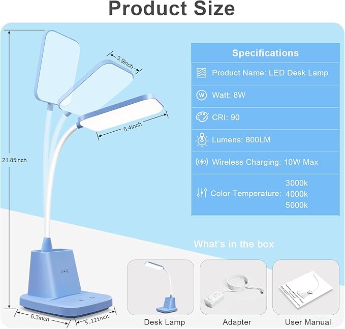 Sailstar Small Desk Lamp, Blue Desk Lamp with Pen Holder, Wireless Charger LED Desk Lamps for Home Office, 800LM Flexible Arm 3 Modes Dimmable Touch Cute Desk Lamps, Study Lamps for College Dorm Room