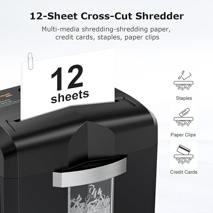 Bonsaii Paper Shredder, 12 Sheet Cross Cut Shredders for Home Office Heavy Duty, 20-Minutes Running Time with 4.2 Gal Pullout Bin for Credit Card Jam-Proof Shredding Machine (C266-A New)