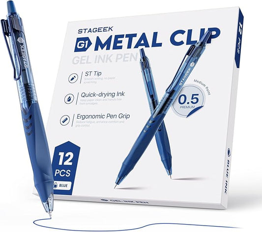 12 Pack Blue Gel Pens, Quick Dry Blue Ink Pen, 0.5mm Fine Point Retractable Smooth Writing Pens for Journaling, Writing, Business Gel Pen for Office School & Home Supplies(Blue)